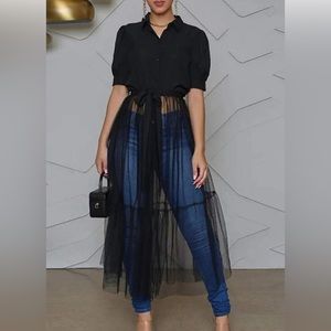 TIED DETAIL PUFF SLEEVE SHEER MESH PATCH SHIRT - Great holiday outfit!